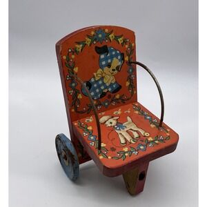 1920s RARE Gong Bell Wood Child Chair Pull Toy w/ Bear Dog Litho Graphics